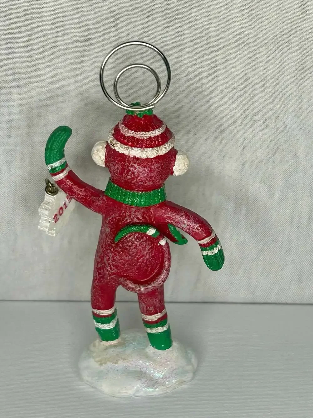 Cracker Barrel Sock Monkey 2013 Christmas Place Card Holder Ornament